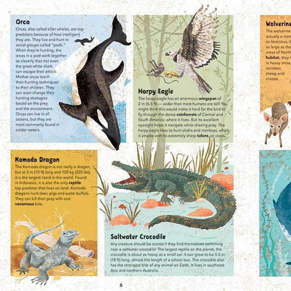 Illustrated book pages with various animals and text