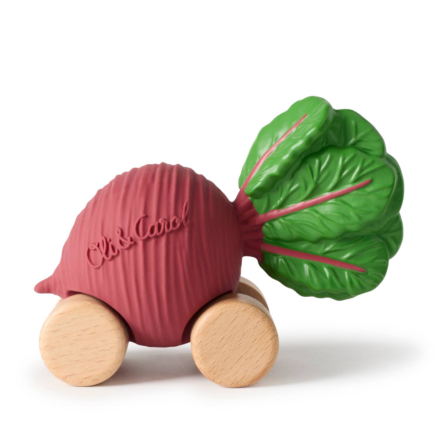 Toy beetroot with wooden wheels on a white background