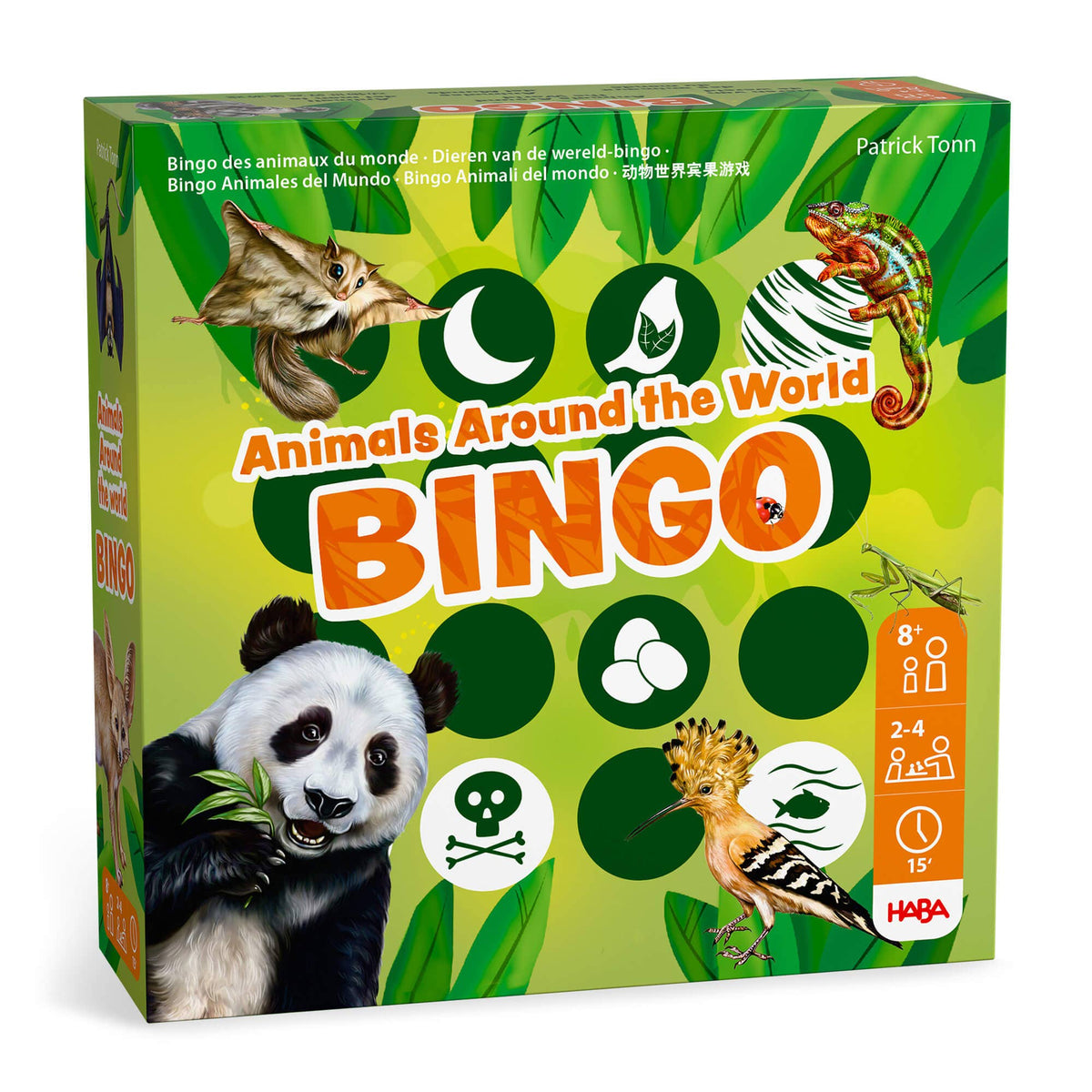 Box of 'Animals Around the World' Bingo game by HABA with illustrations of animals on a green background.