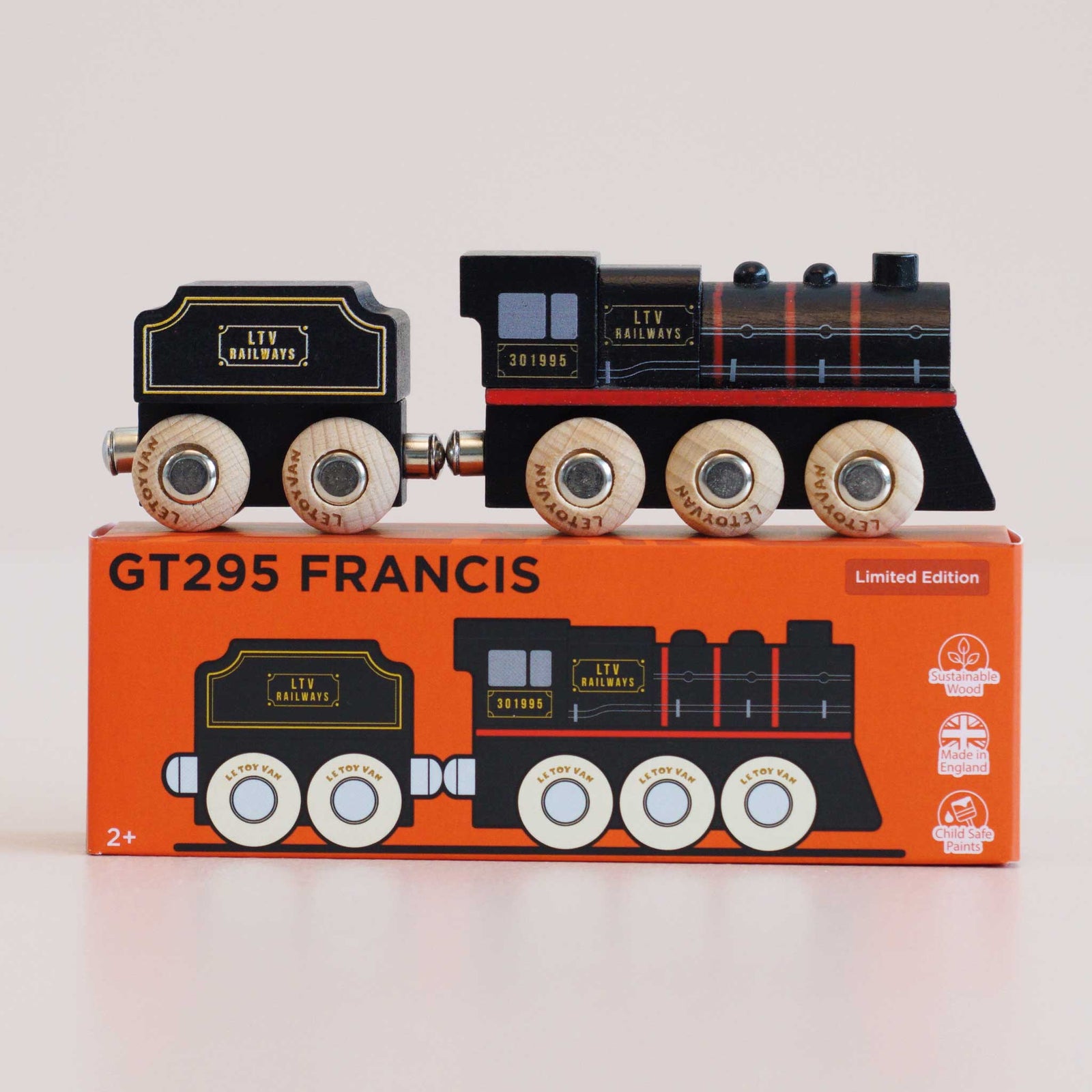 Toy train model on top of its packaging box with 'GT295 Francis' branding.