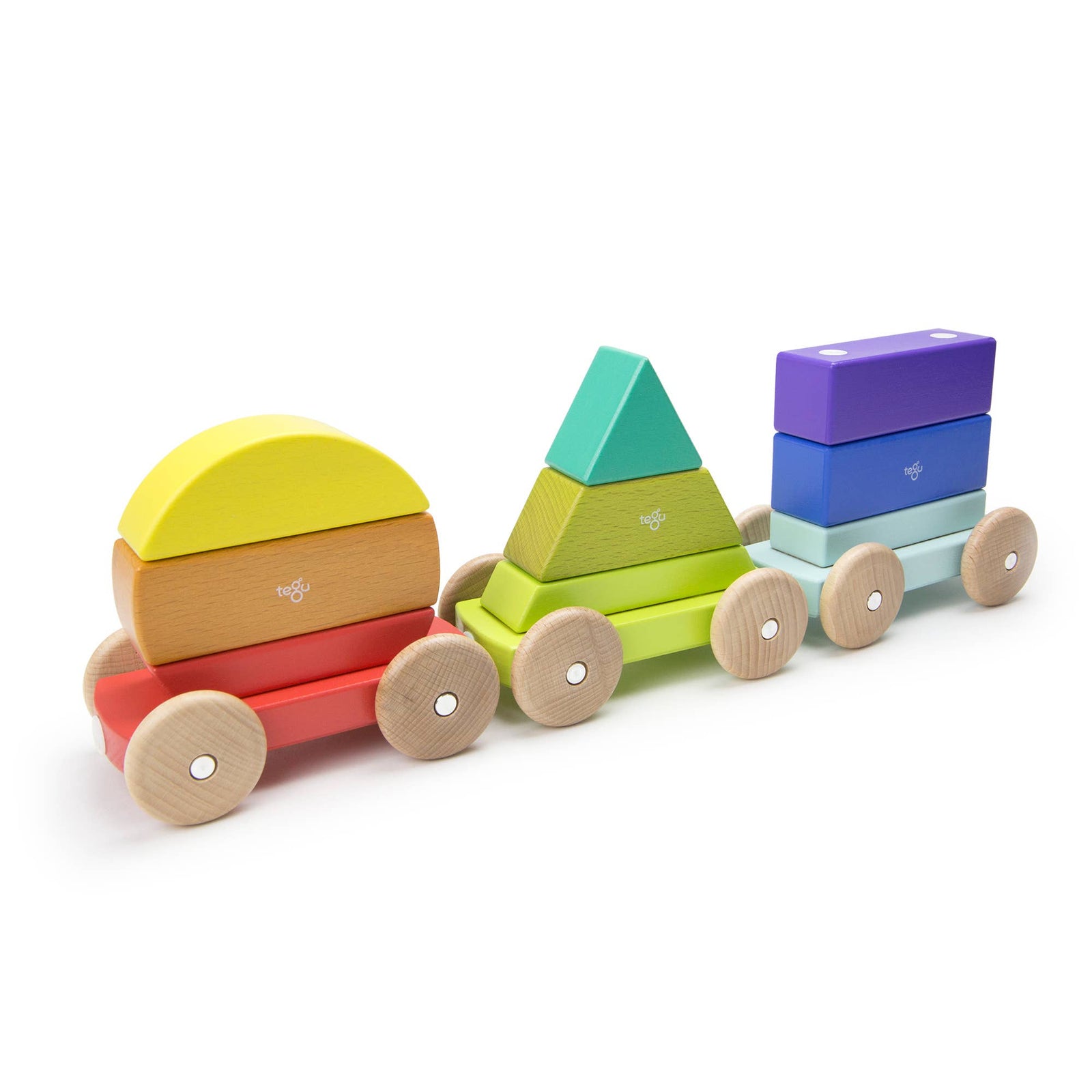 Colorful wooden toy train with geometric shapes on a white background