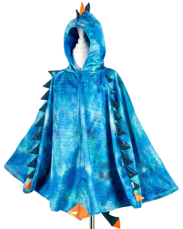 Blue dragon-themed cape on a mannequin against a white background