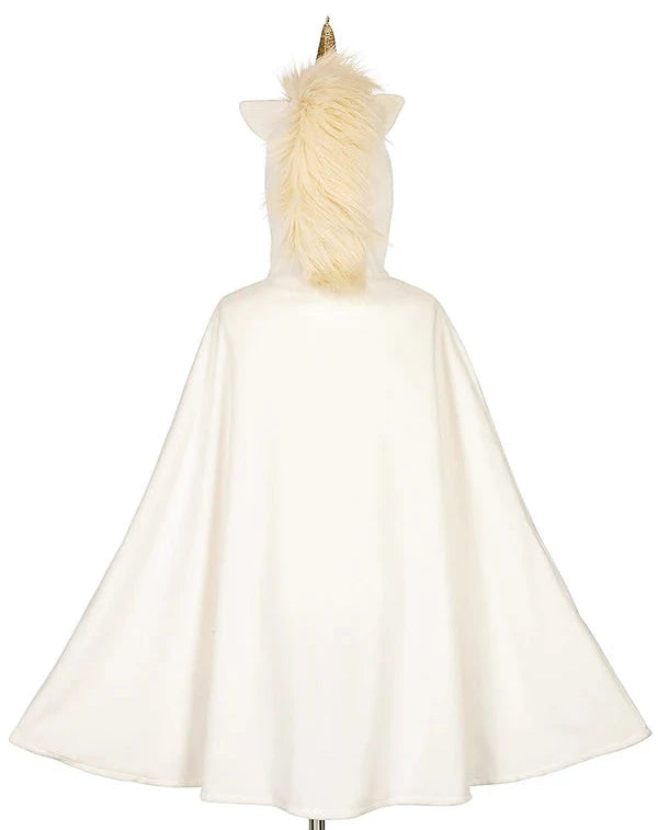 White hooded cloak with gold stars and unicorn design on a white background