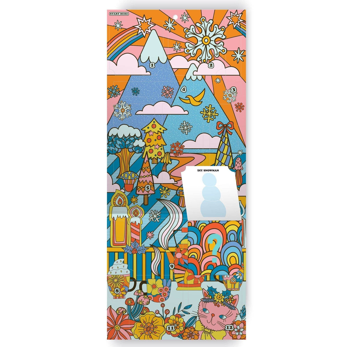 Colorful phone case with a winter-themed design featuring snowflakes, trees, and a rainbow.