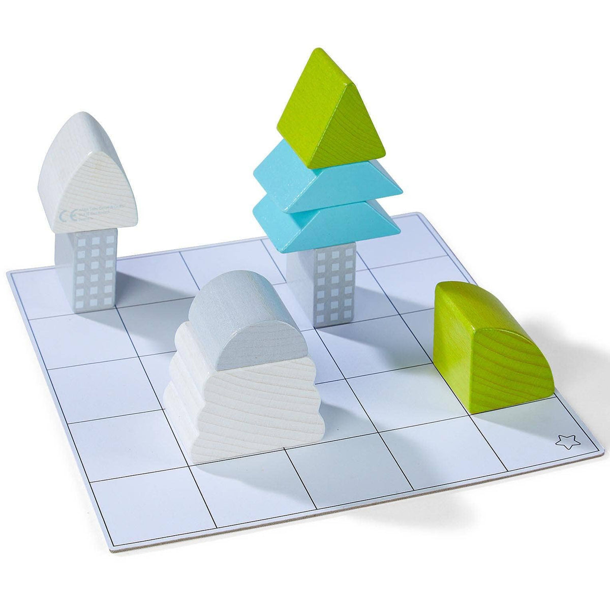 Colorful geometric shapes on a grid-patterned surface