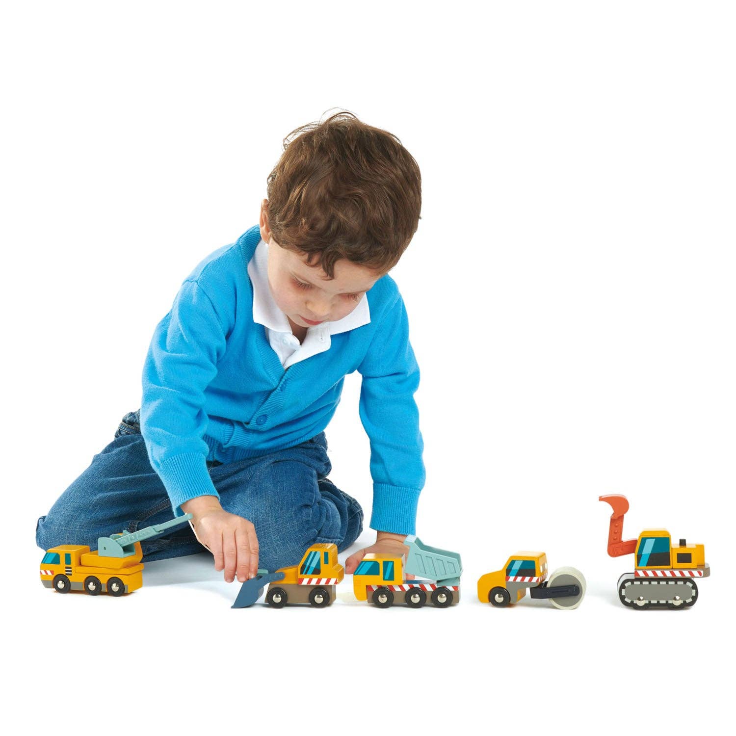 Set of toy construction vehicles including a dump truck, crane, bulldozer, and roller on a white background.