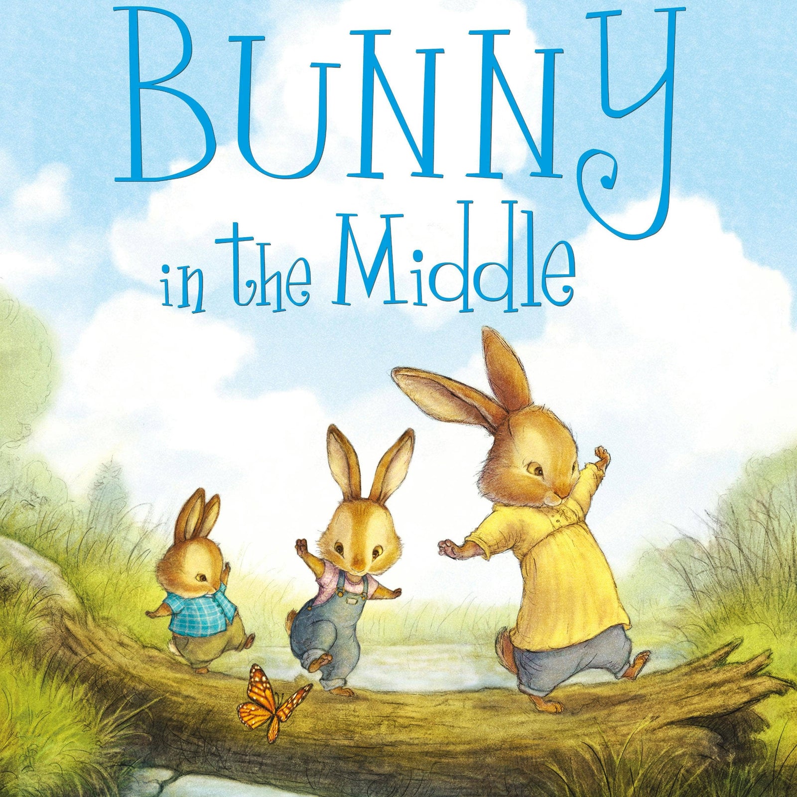 Book cover of 'Bunny in the Middle' with three rabbits crossing a log over water.
