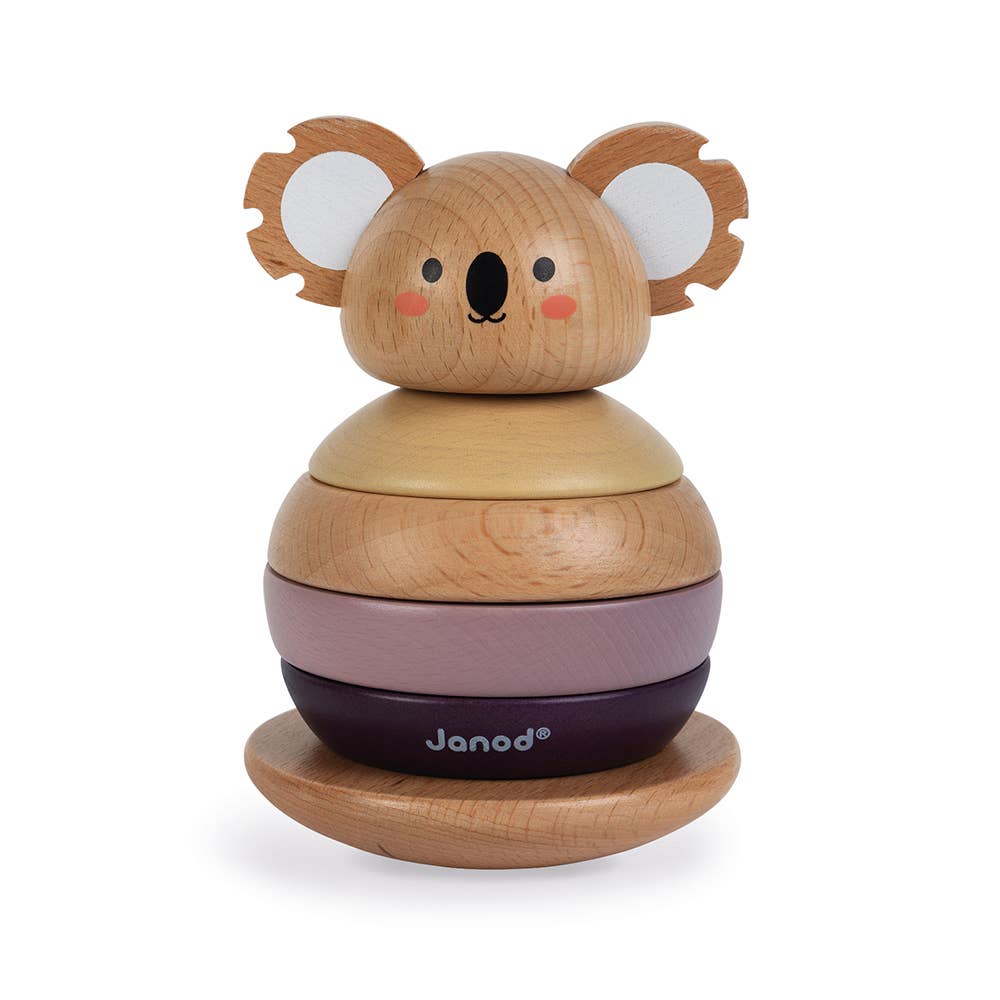 Wooden koala-shaped toy with a purple bottom and brown top on a white background