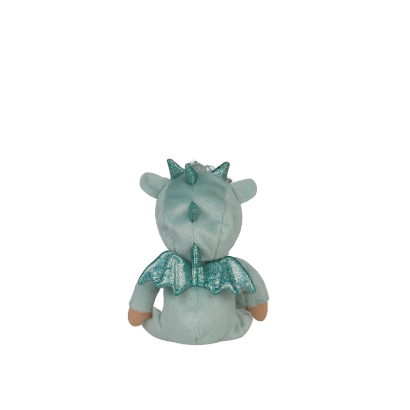 Plush toy with a green and blue outfit on a white background