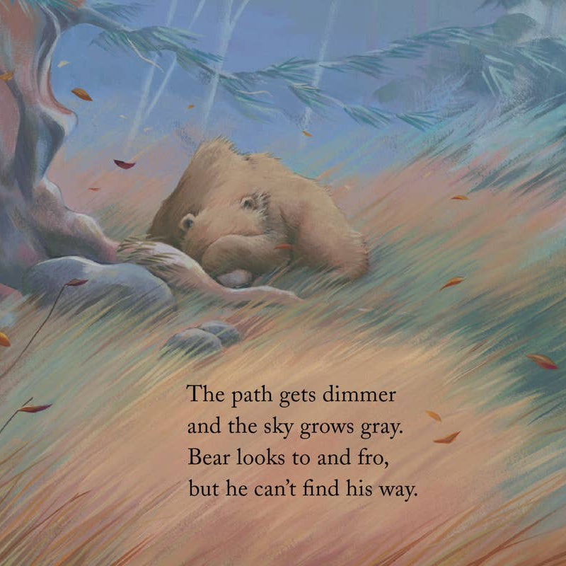Illustrated book page with a bear character and text on a blue background