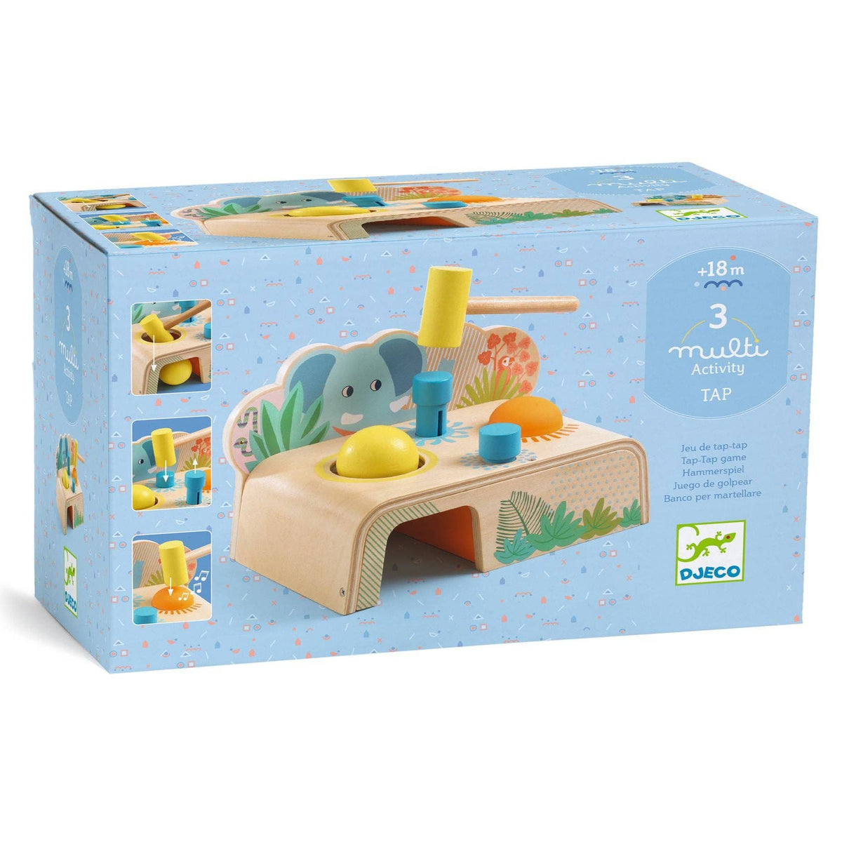 Wooden toy with colorful elements on a blue box packaging, featuring the Djeco brand.