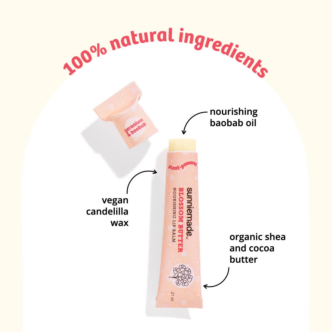 lip balm  tube with pink flowers on a pink background