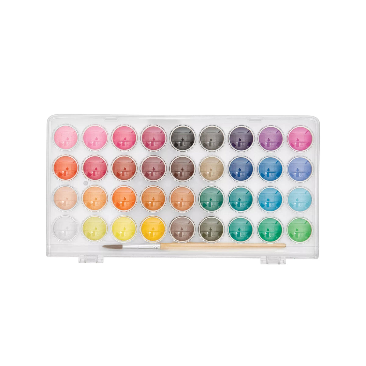 Colorful watercolor paint palette on a white background