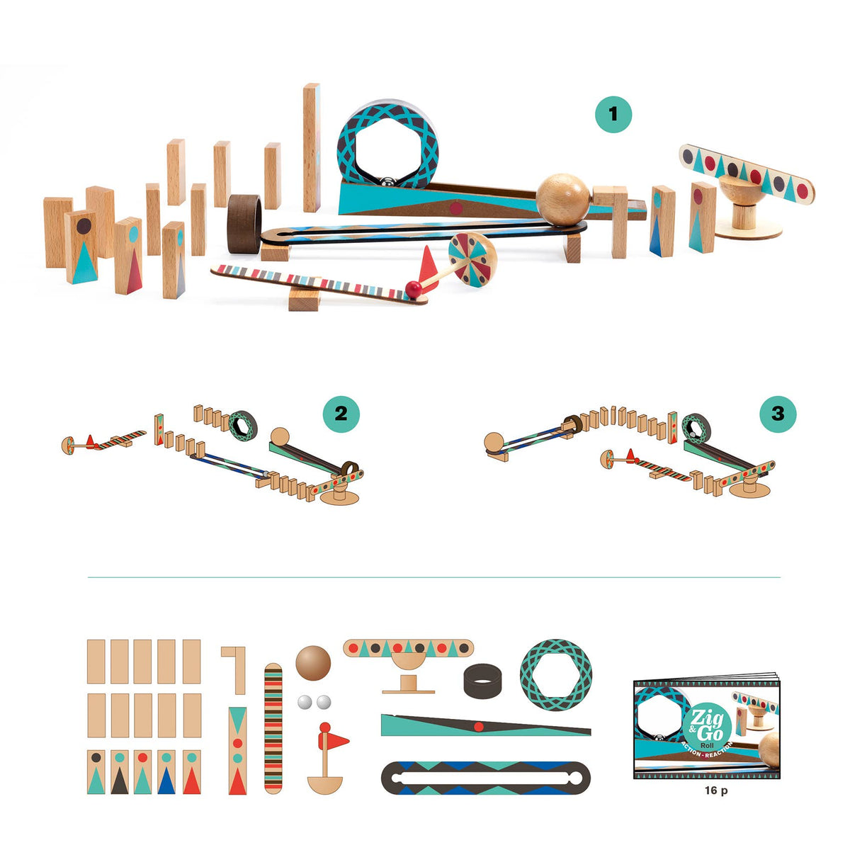 Set of wooden toys with various shapes and colors on a white background