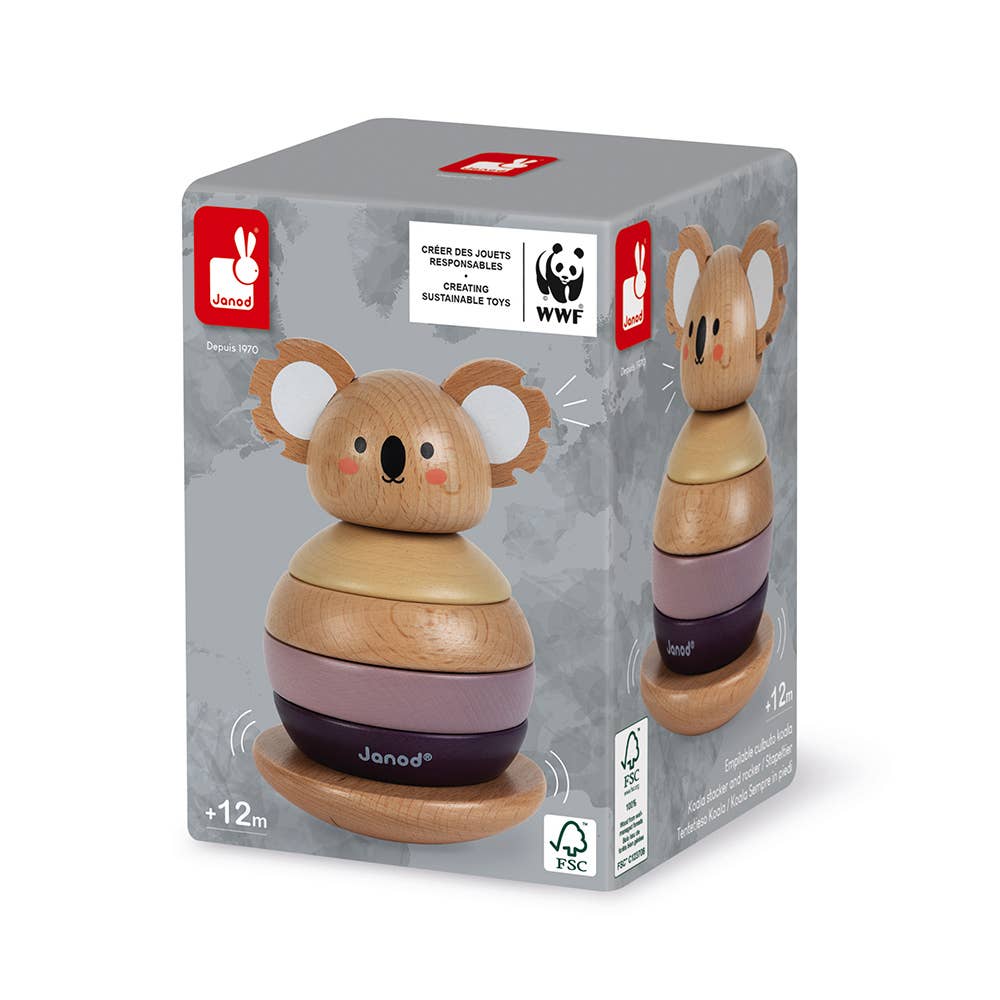Wooden toy koala in packaging with Janod and WWF logos