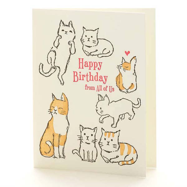 Birthday card with cat illustrations and 'Happy Birthday from All of Us' text on a white background