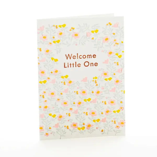 Greeting card with floral pattern and 'Welcome Little One' text on a white background