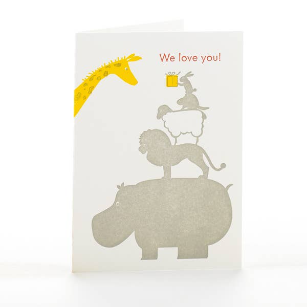 Card with animal illustrations and 'We love you!' text on a white background