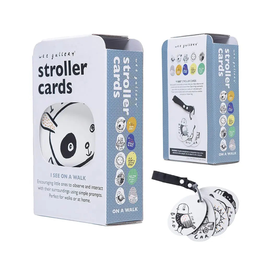 A set of illustrated stroller cards with a prompt card showing a drawing of a bird and the text 'I see a BIRD.'