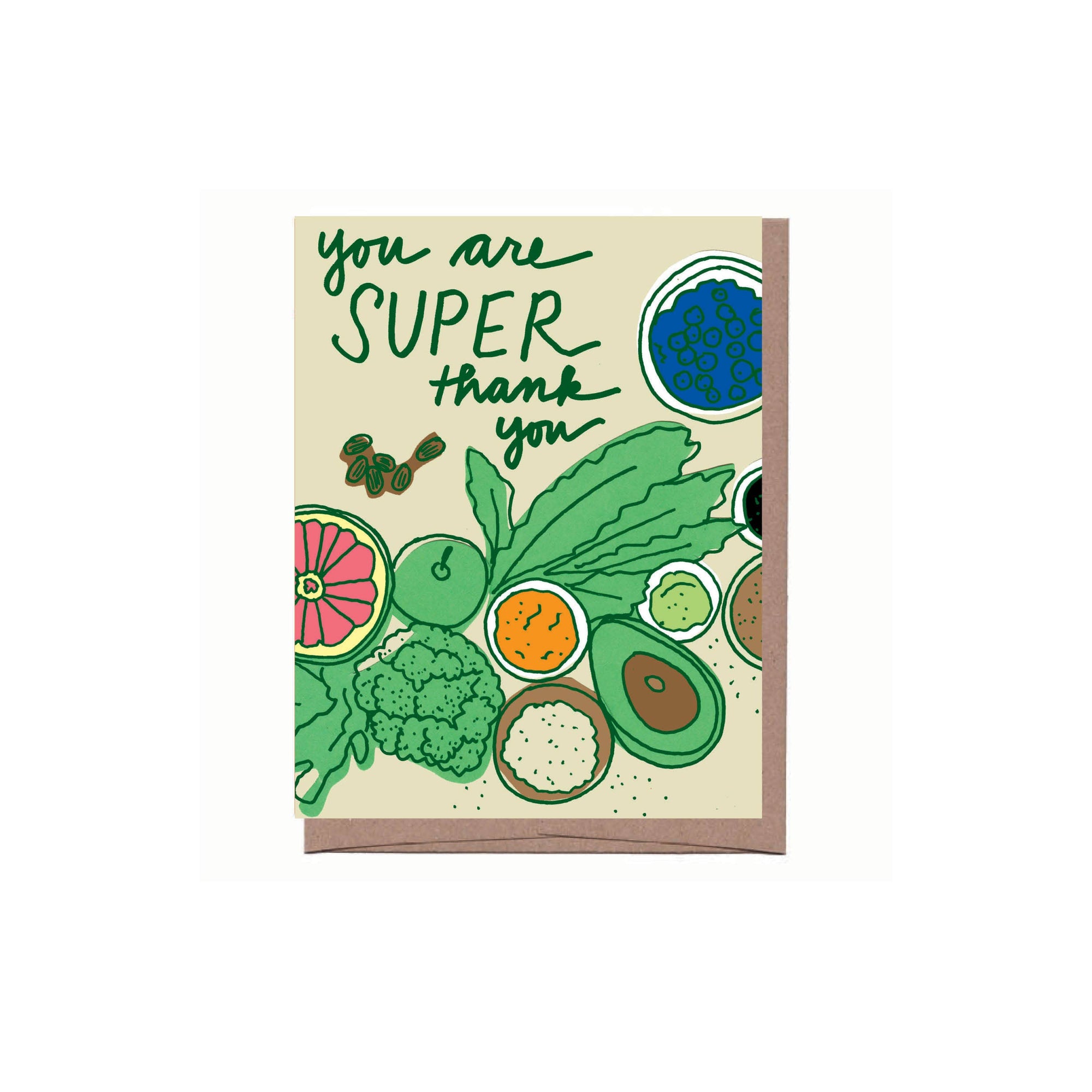 Card with green vegetables illustration and 'you are super thank you' text on a beige background