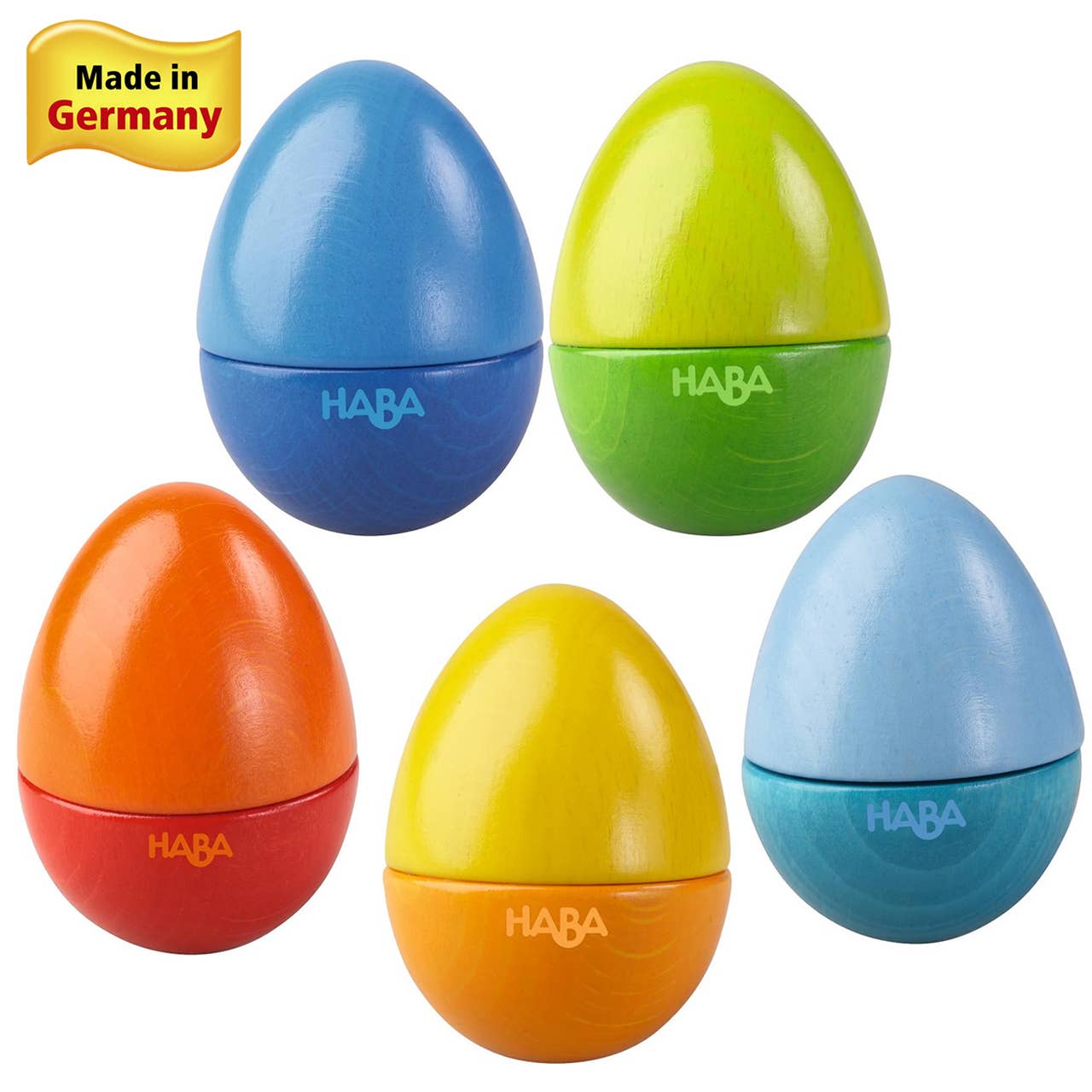 HABA musical eggs toy set packaging with colorful eggs and HABA branding.