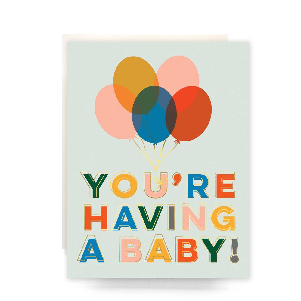 Greeting card with colorful balloons and 'You're Having a Baby!' text on a light blue background