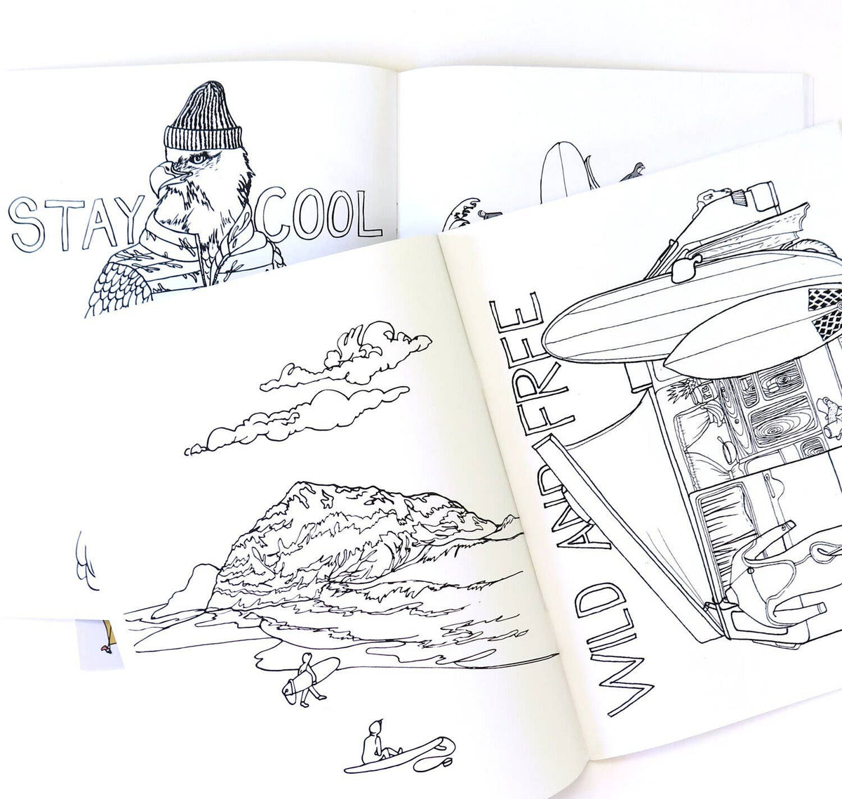 Coloring book pages with nature and adventure-themed illustrations and text.