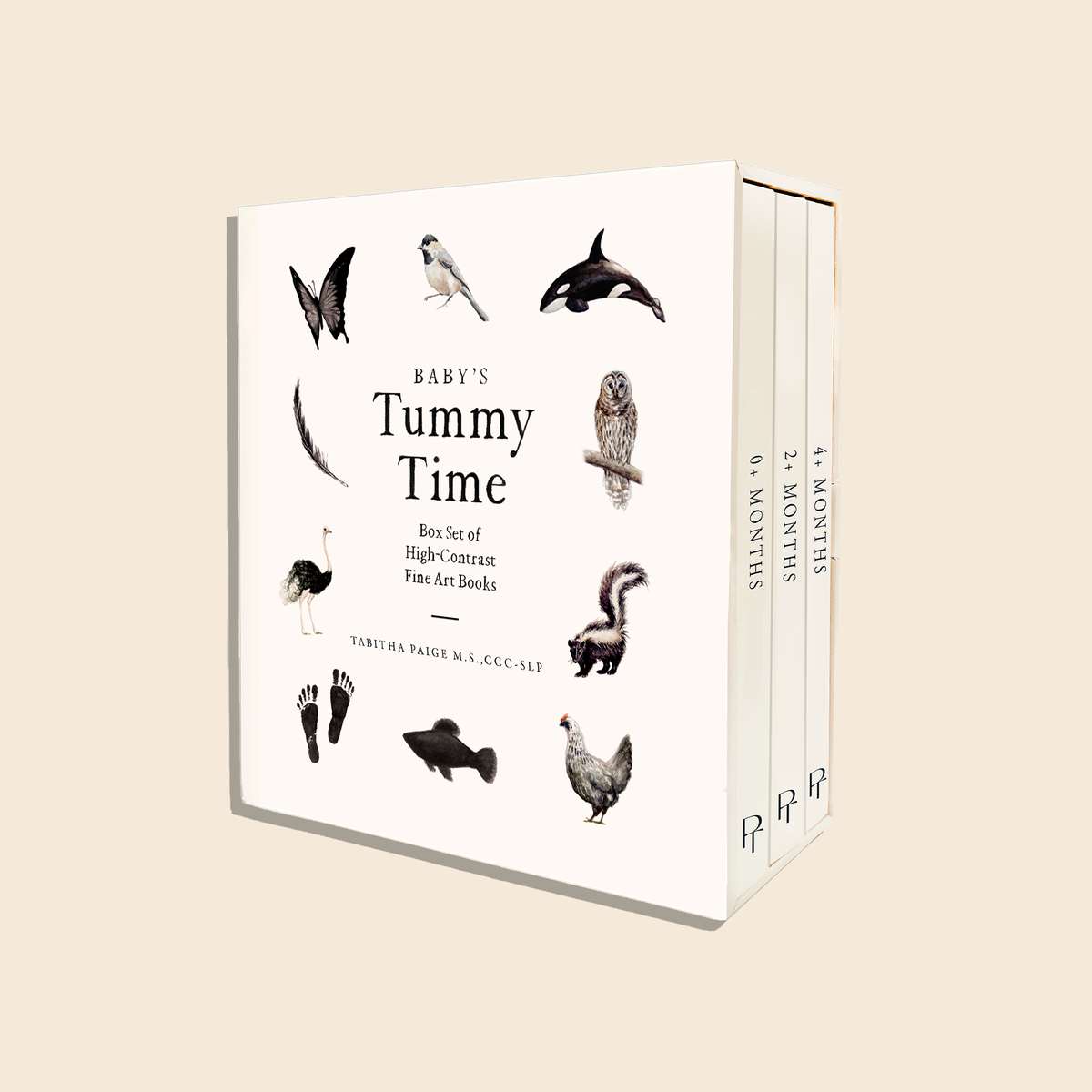 Box set of 'Baby's Tummy Time' books with illustrations of animals on a beige background
