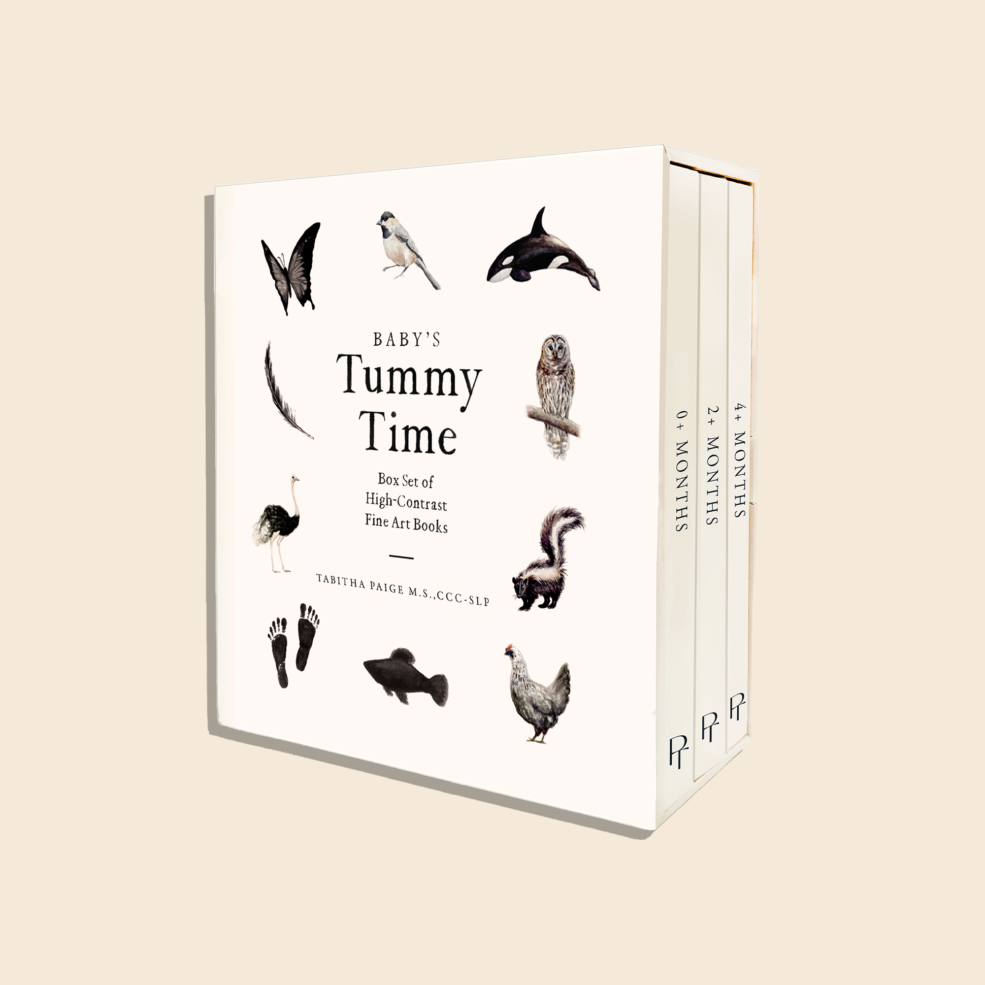 Box set of 'Baby's Tummy Time' books with illustrations of animals on a beige background