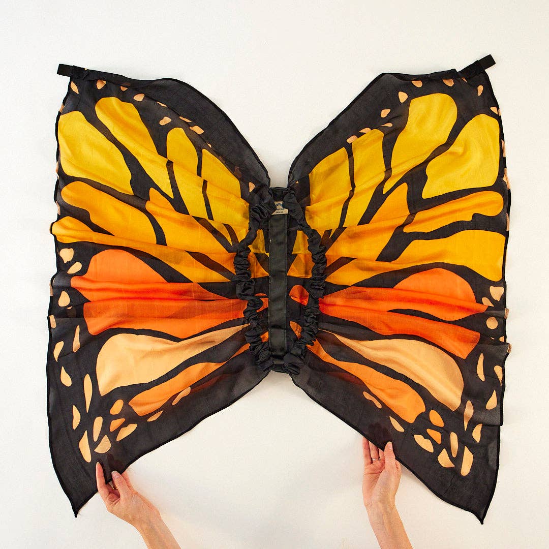 Butterfly wings with orange and black pattern on a white background