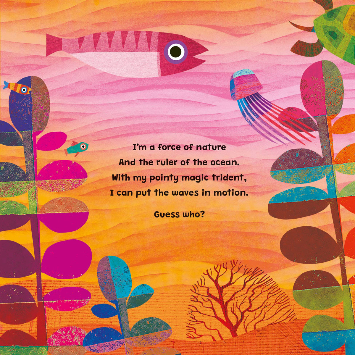 Colorful illustration of a magical castle with sea creatures and text on a vibrant background