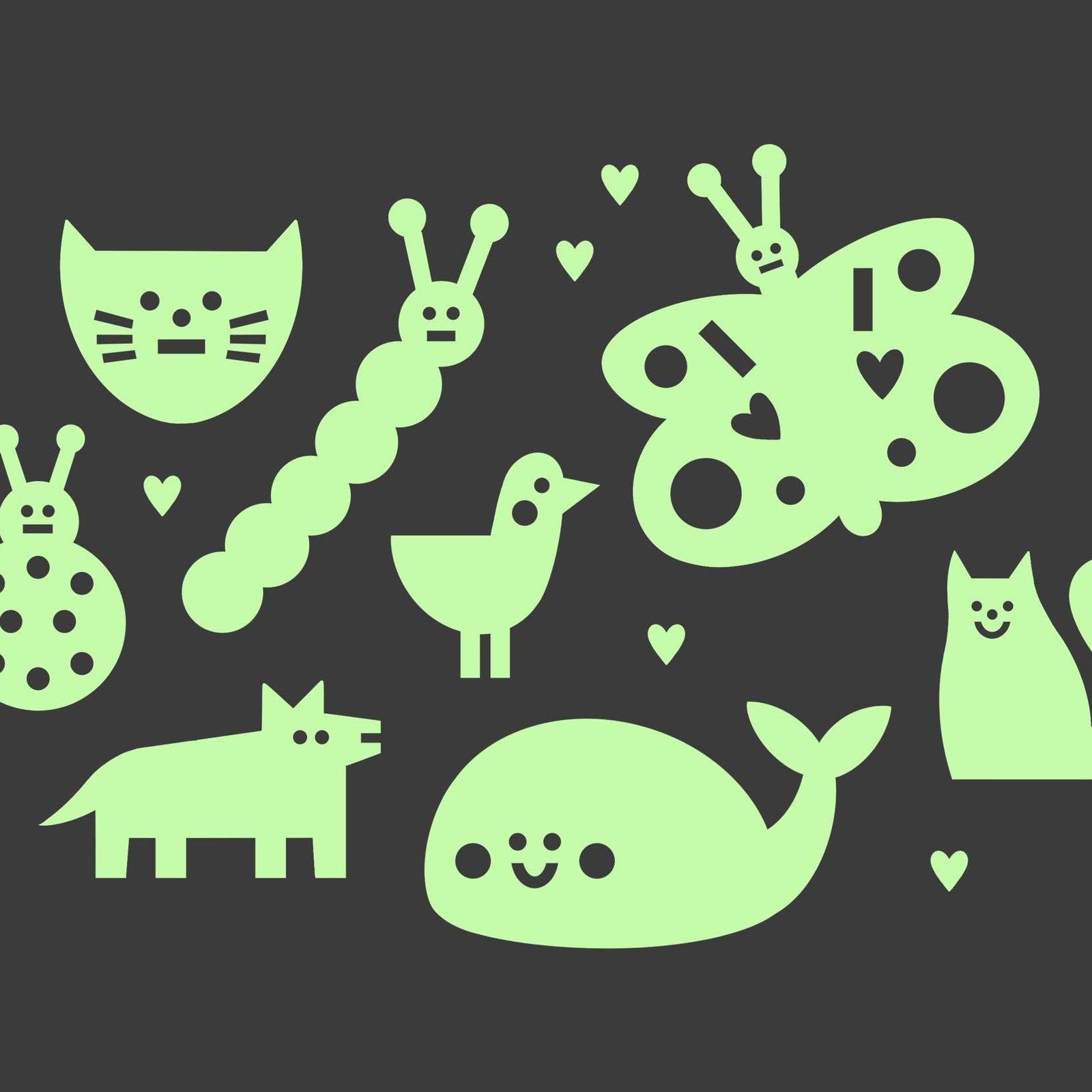 GloPlay and Bianca Palazzi wall stickers packaging with glow-in-the-dark animals on a mustard background.