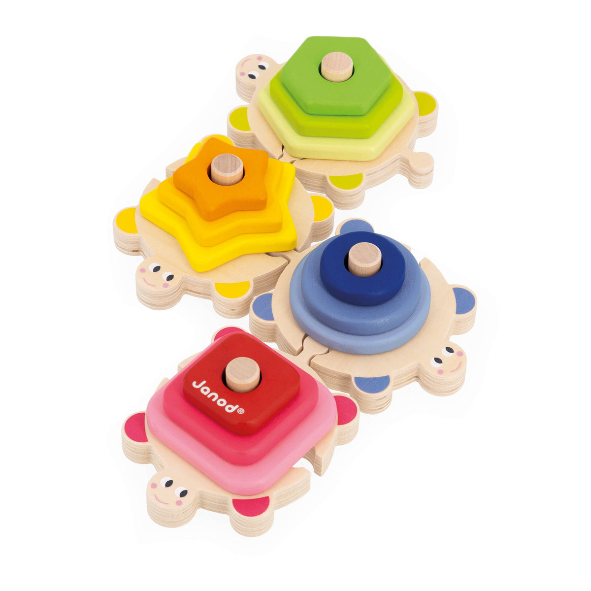 Colorful wooden turtle toy with shape sorter on a white background, featuring the brand 'Janod'.