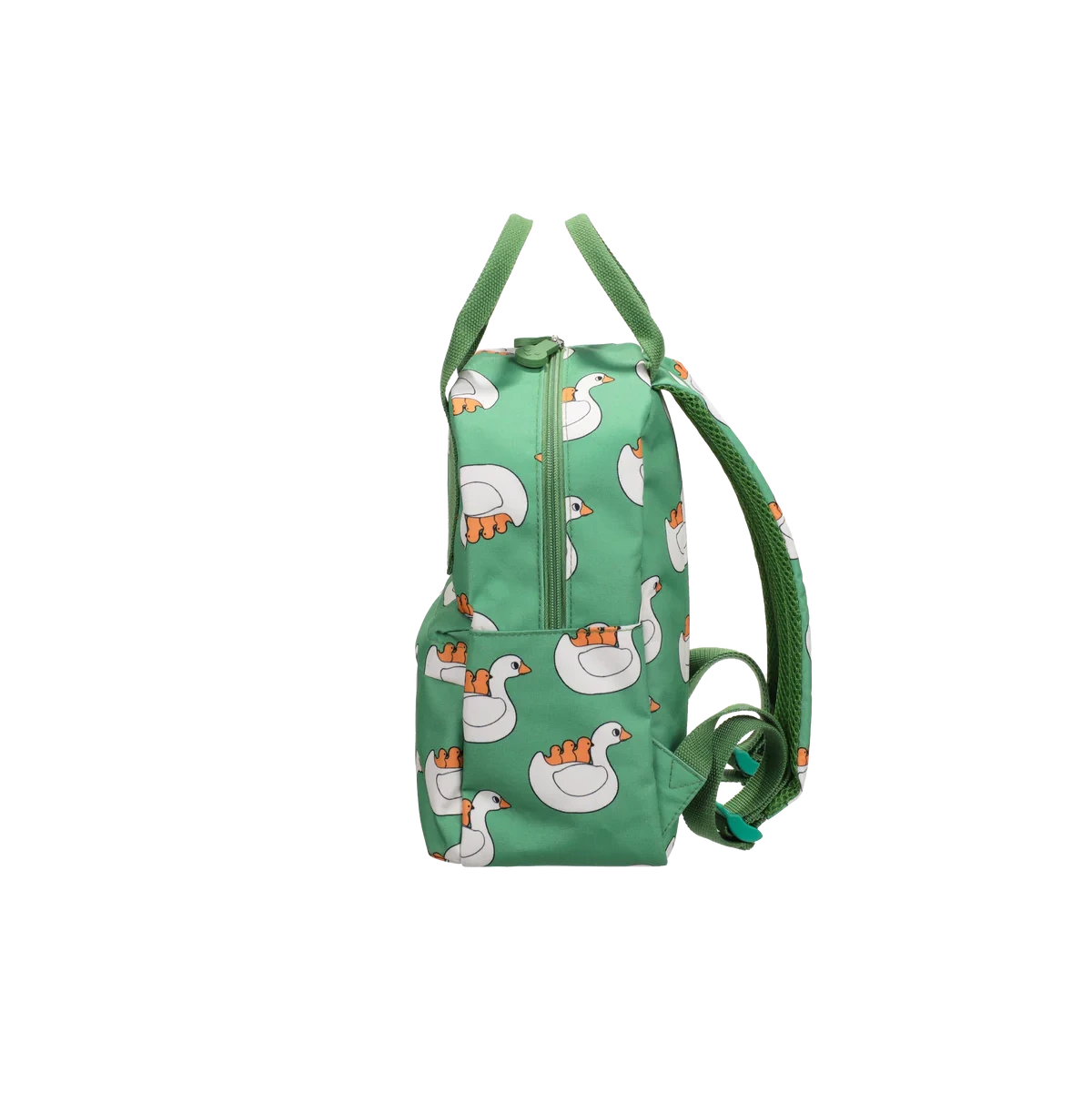 A green backpack featuring a repeating pattern of white swans with orange beaks and feet, shown against a plain white background.