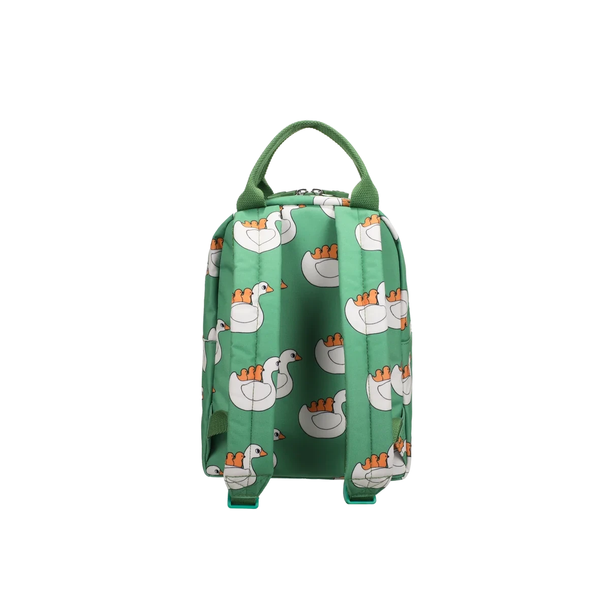 A green backpack featuring an all-over pattern of white swans with orange beaks, shown from the back against a plain white background.