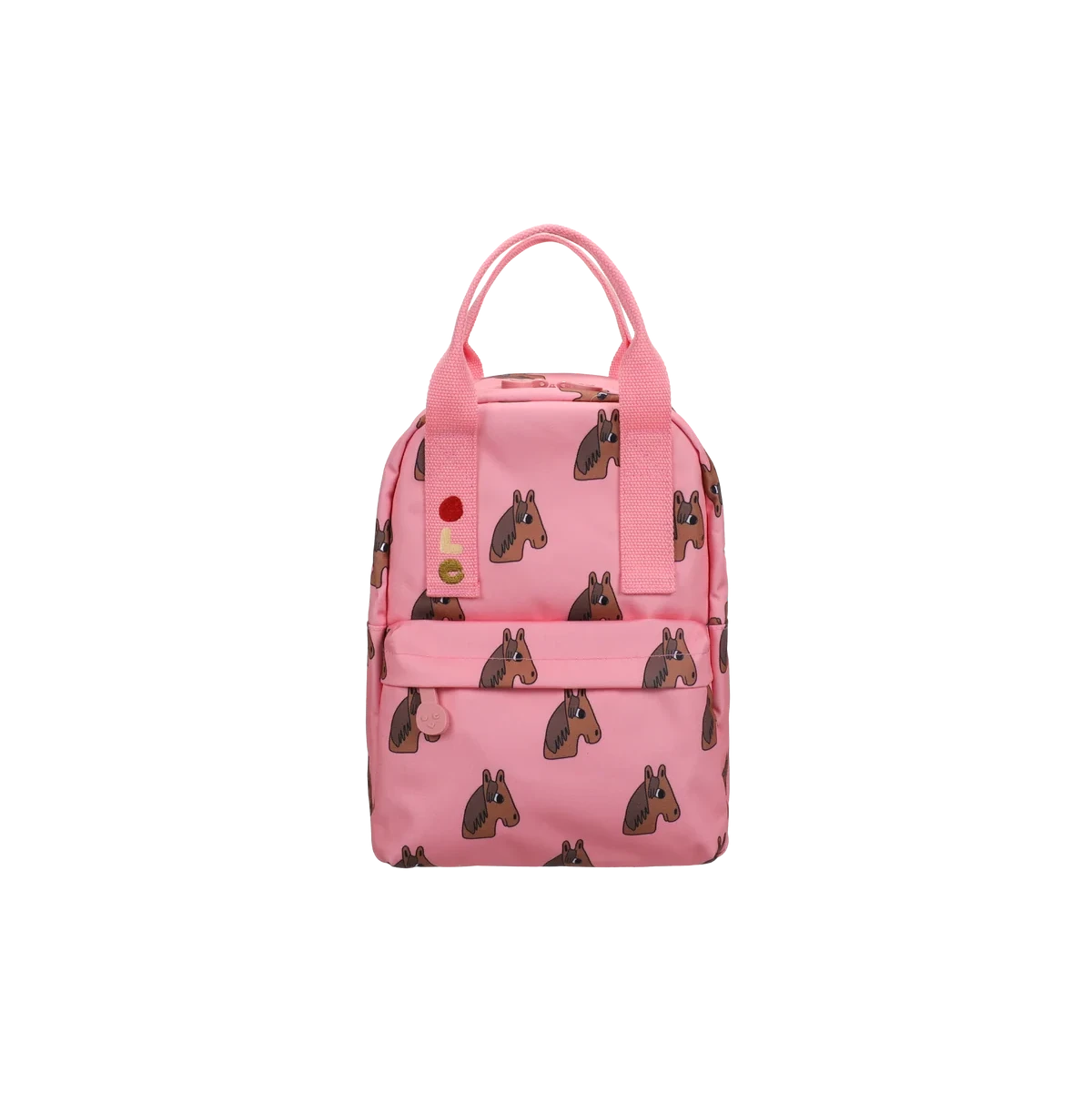 Pink backpack featuring an allover repeating pattern of horse heads, with dual top handles and a front zip pocket, shown on a plain white background.