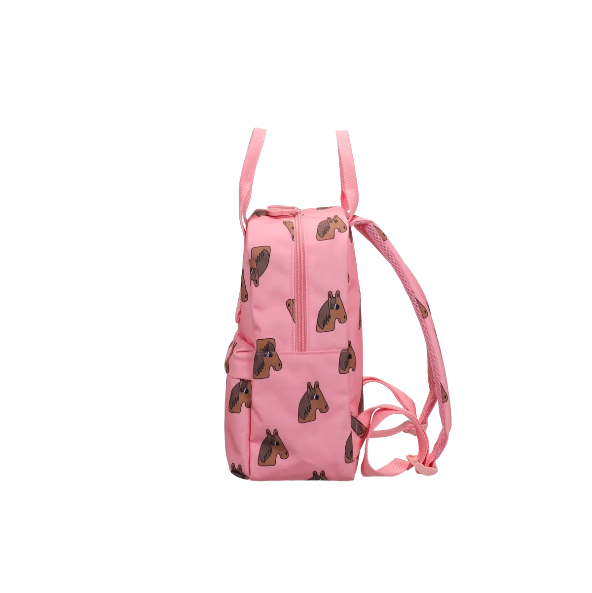 Pink backpack featuring an allover repeating pattern of horse heads, with dual top handles and a front zip pocket, shown on a plain white background.