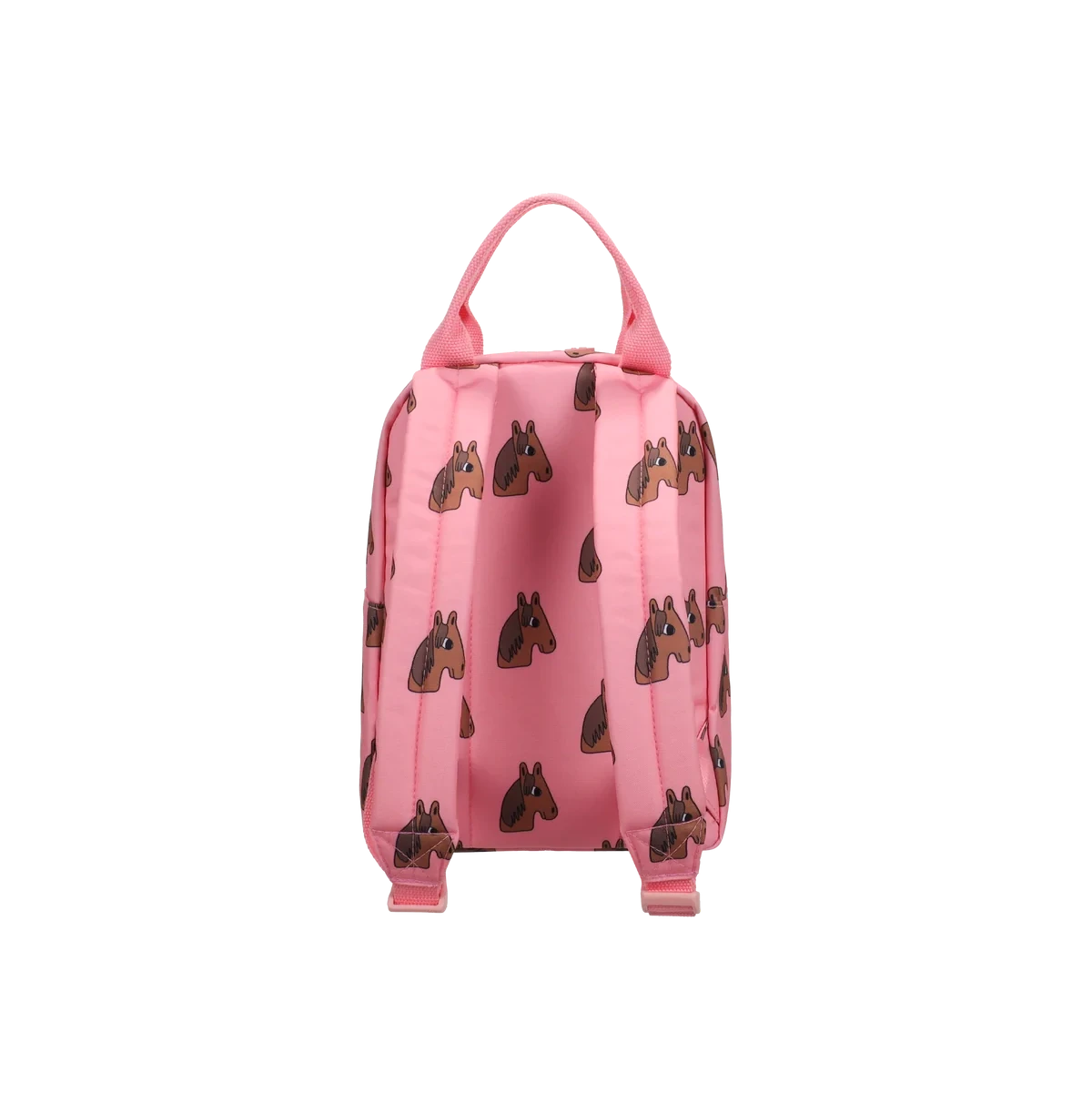 A pink backpack featuring an allover pattern of brown horse heads, shown from the back against a plain white background.