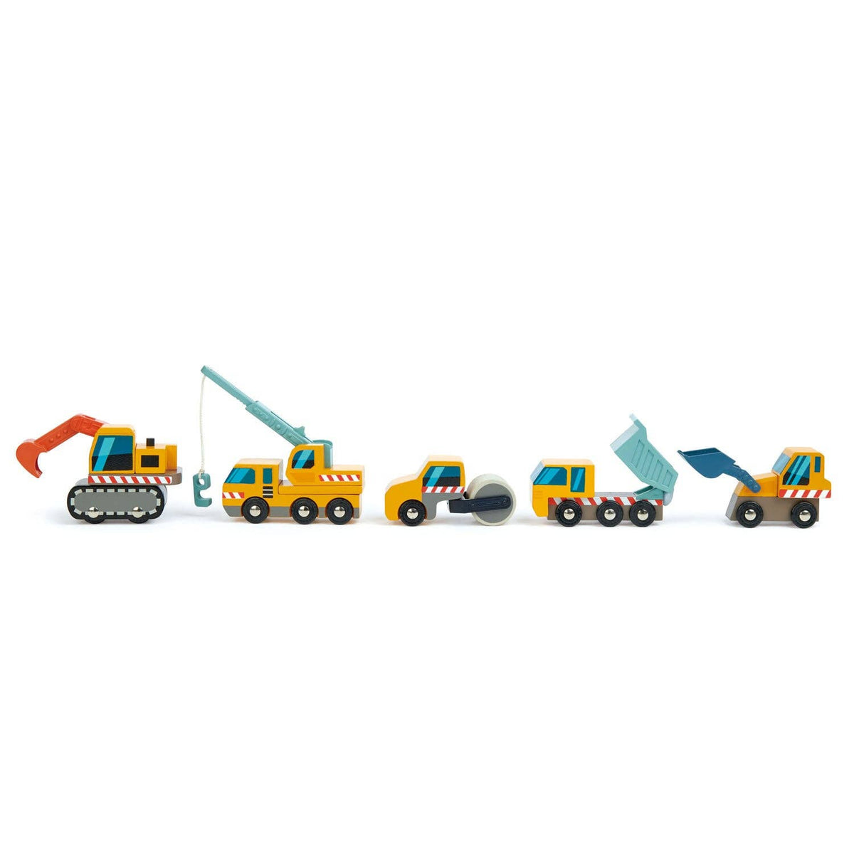 Set of toy construction vehicles on a white background