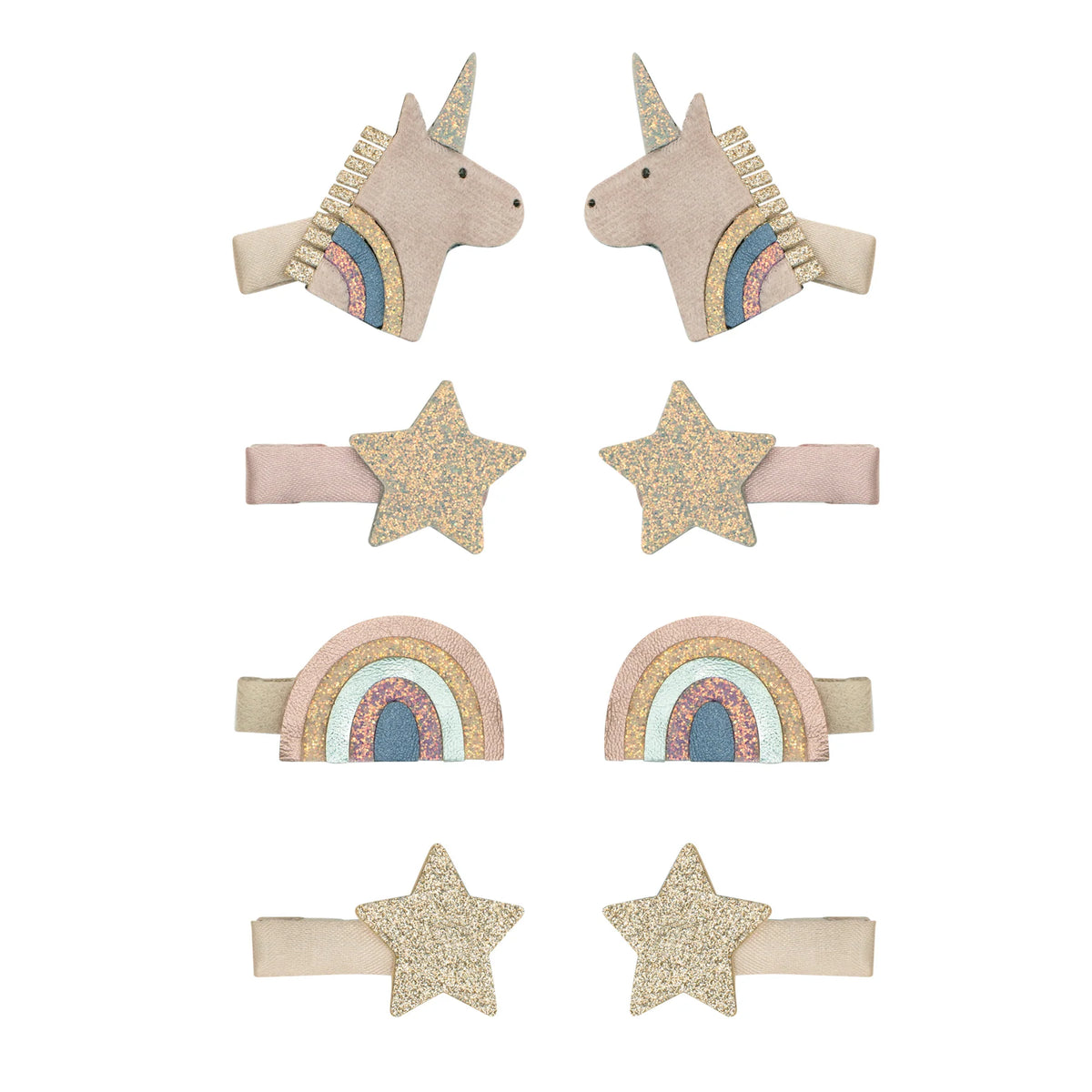 Set of children&#39;s hair accessories including unicorn-shaped clips, star-shaped clips, and rainbow-shaped clips on a white background.