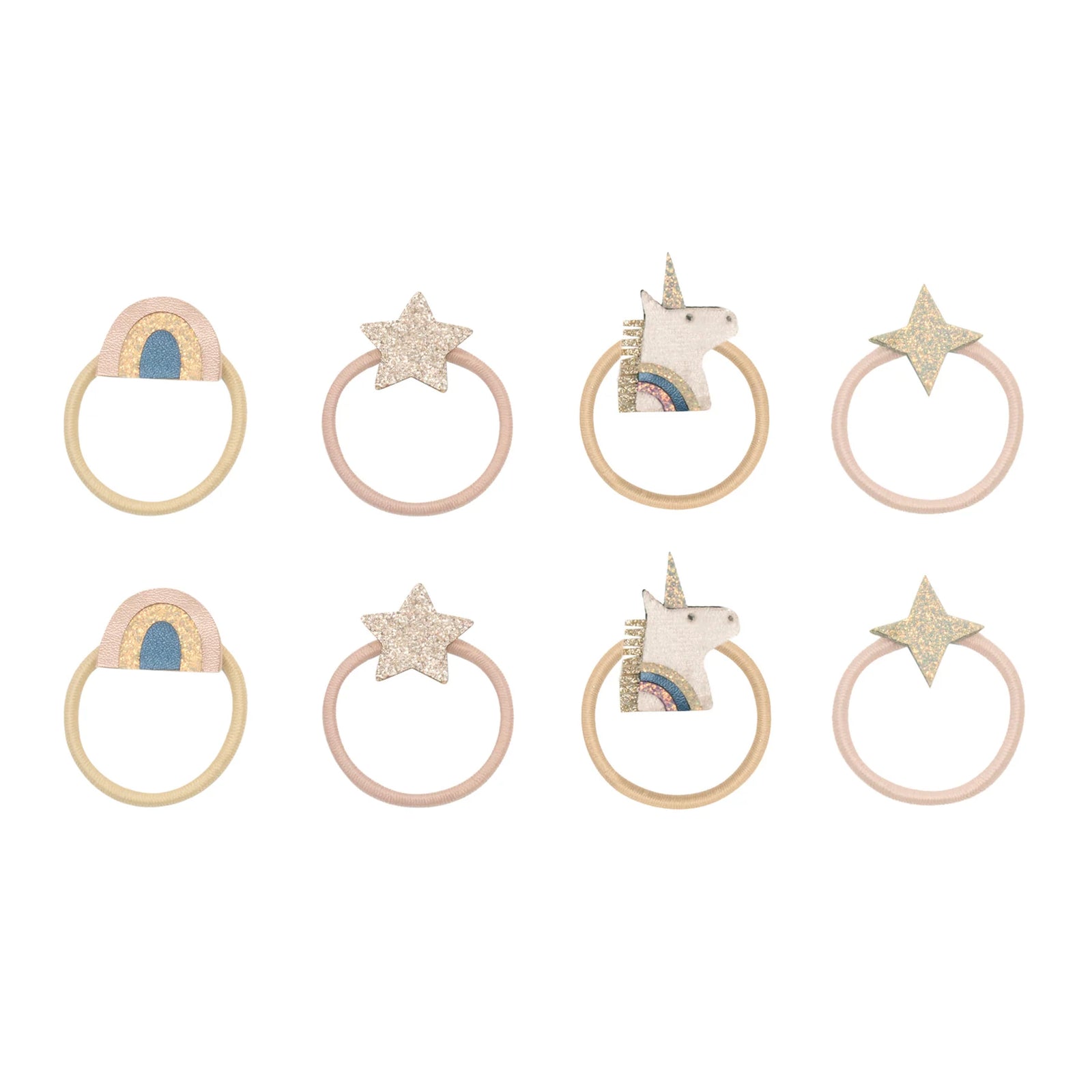Set of decorative ponies with unicorn, star, and rainbow designs on a white background.