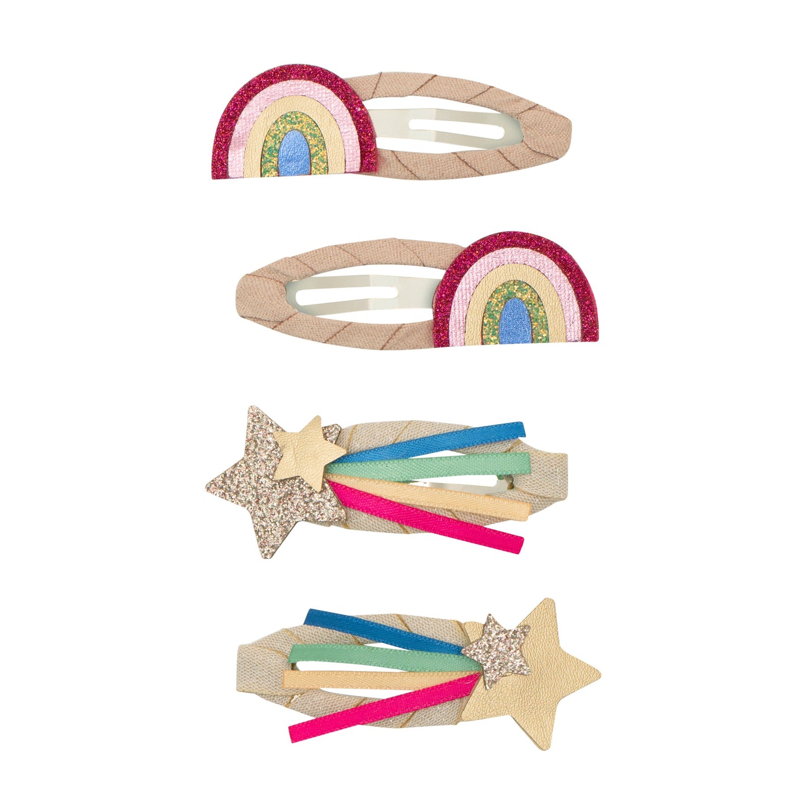 Set of colorful hair clips with star and rainbow designs on a white background
