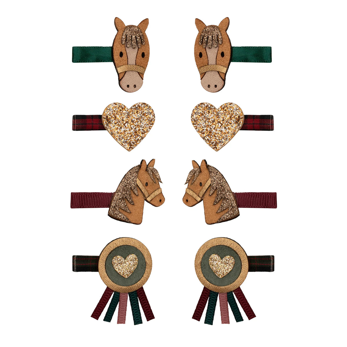 Set of horse-themed hair accessories with heart designs on a white background