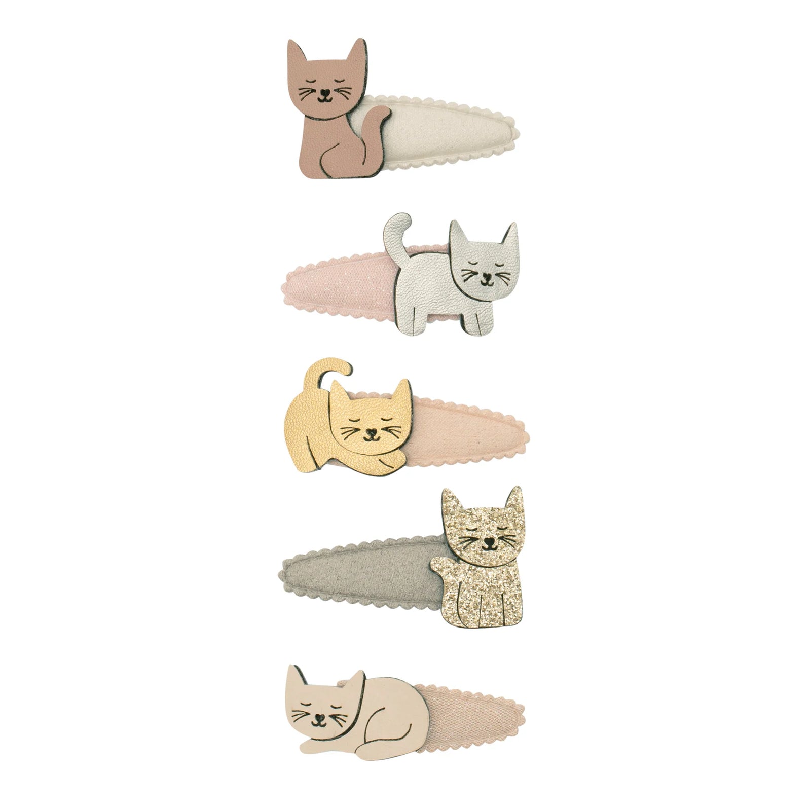 Set of cat-shaped hair clips in various colors on a white background