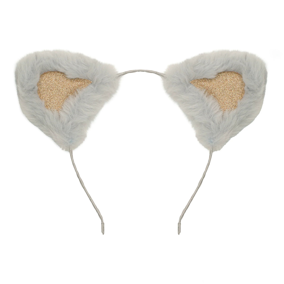 Gray fuzzy headband with gold heart shapes on a white background