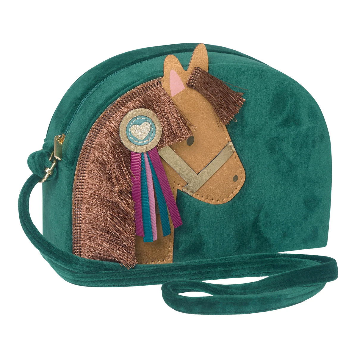 Green crossbody bag with a horse design on a white background