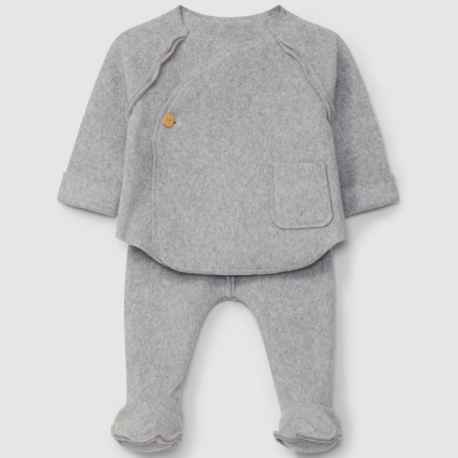 Gray baby outfit with a jacket and pants on a light gray background