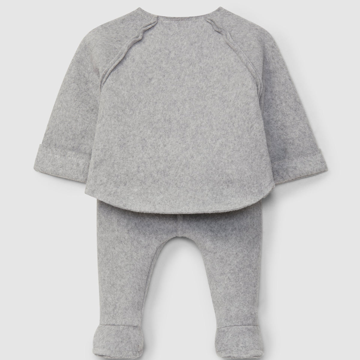 Gray baby outfit with long-sleeve top and pants on a light gray background