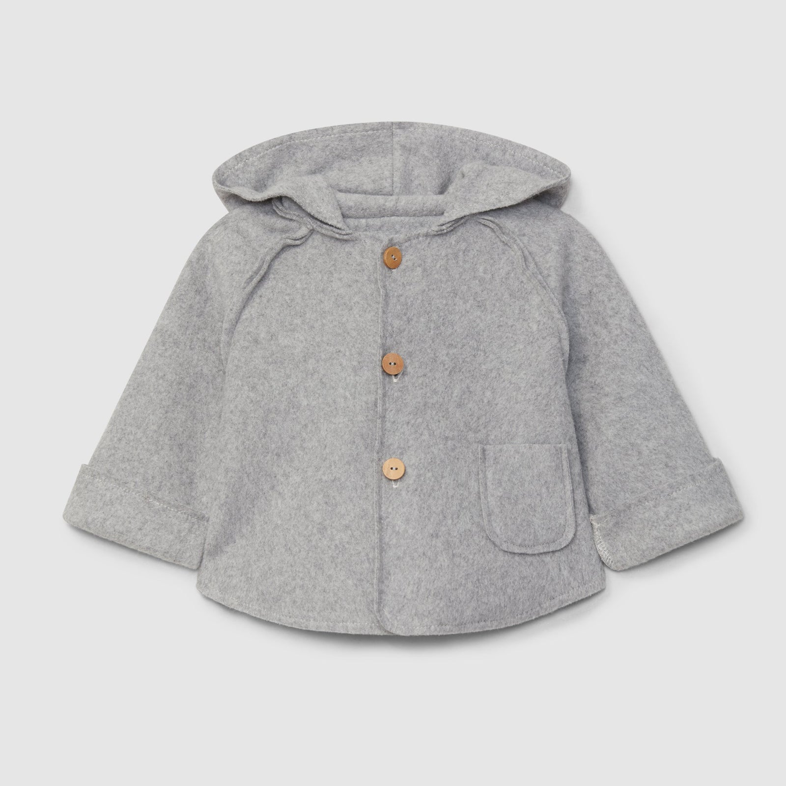 Gray hooded coat with buttons on a light gray background