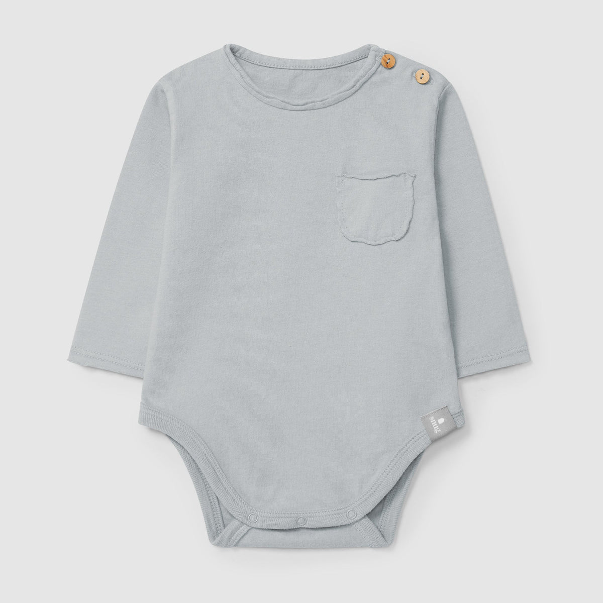 Gray baby bodysuit with a pocket on a light gray background
